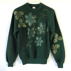 Vintage USA 90s Green sweatshirt crew neck holiday Christmas handmade floral